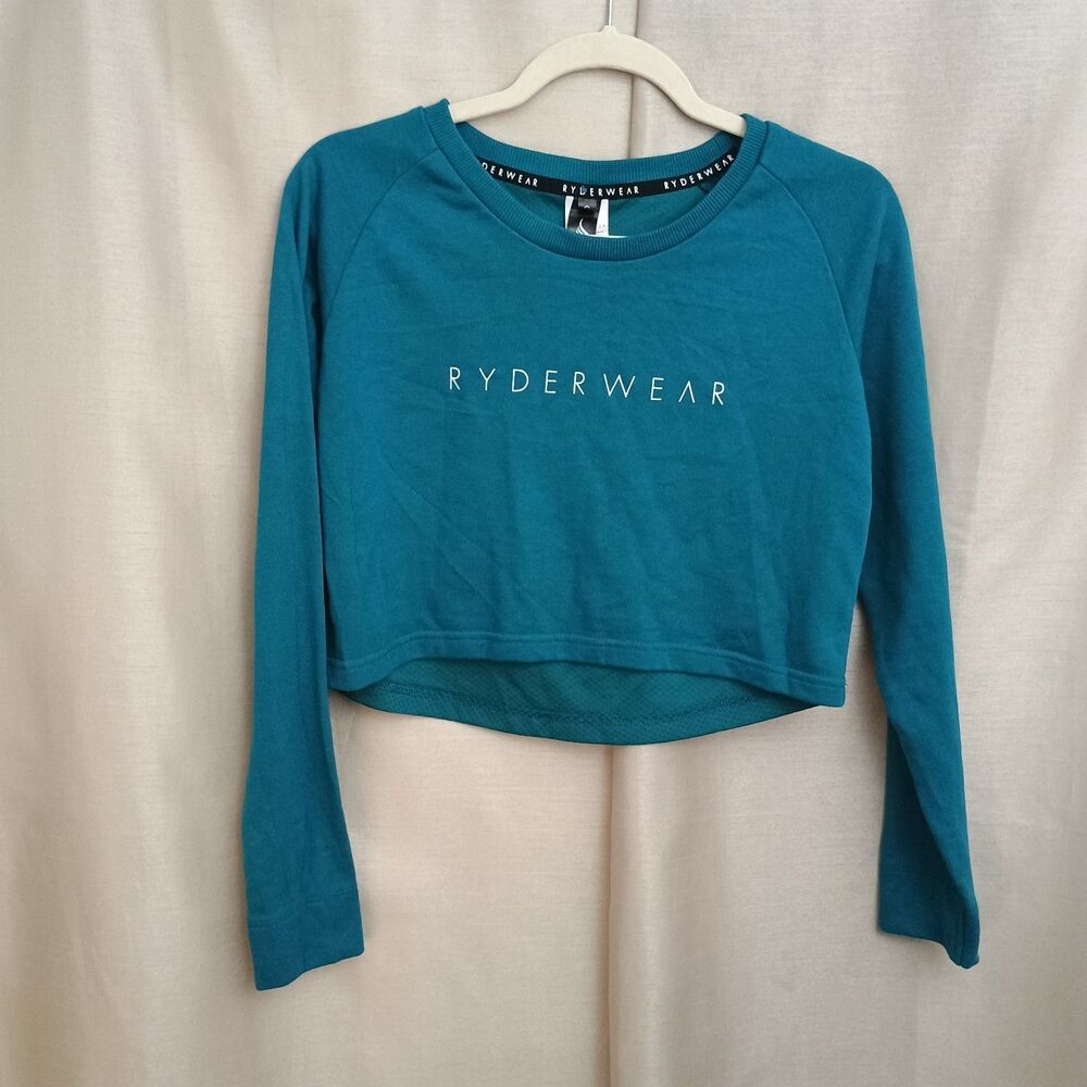 Teal Ryderwear Women's Small Cropped Long Sleeve Sweatshirt  Crew Neck